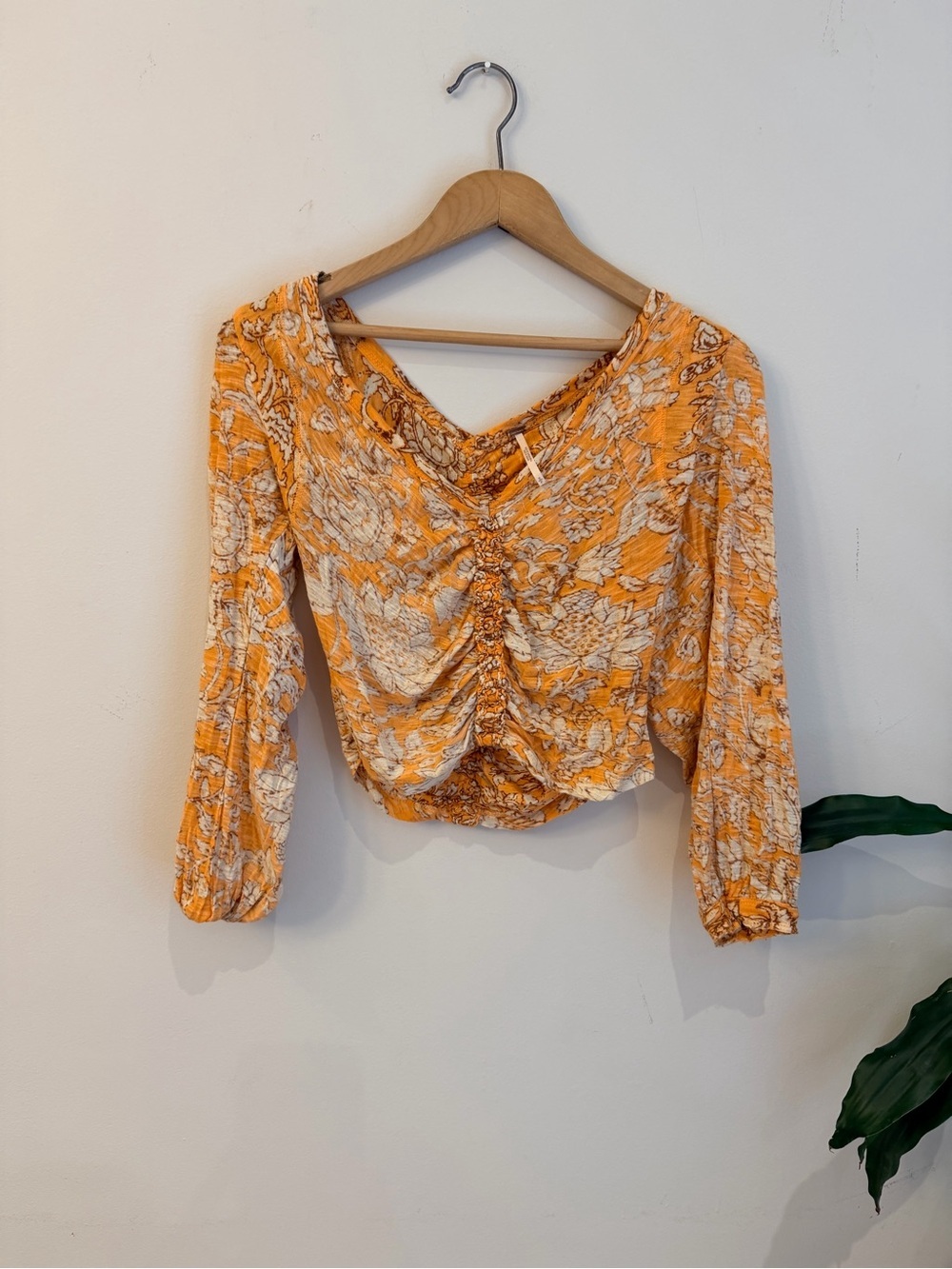 Free People Orange Floral Ruched V-Neck Crop Top